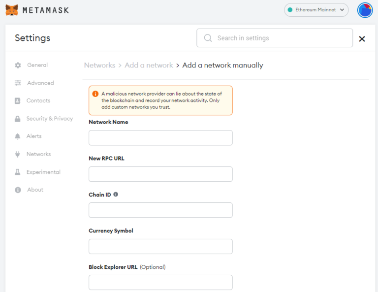 Metamask add new network